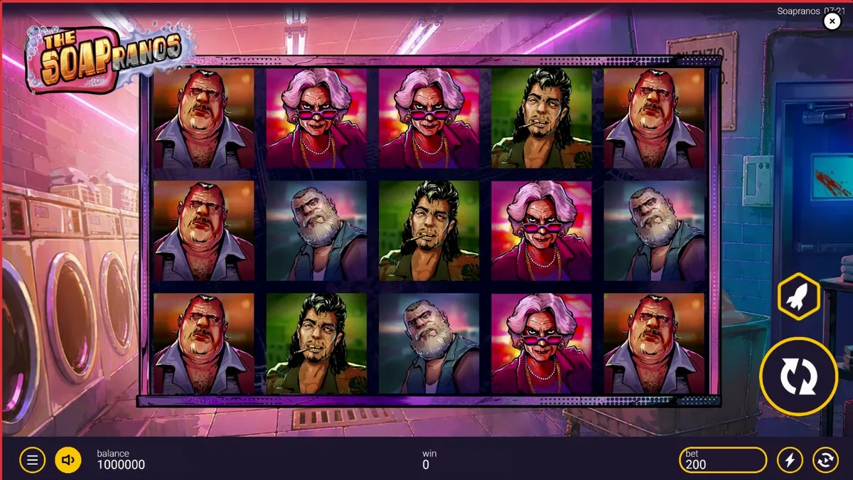 Tampilan visual slot The Soapranos dengan tema mafia dan binatu