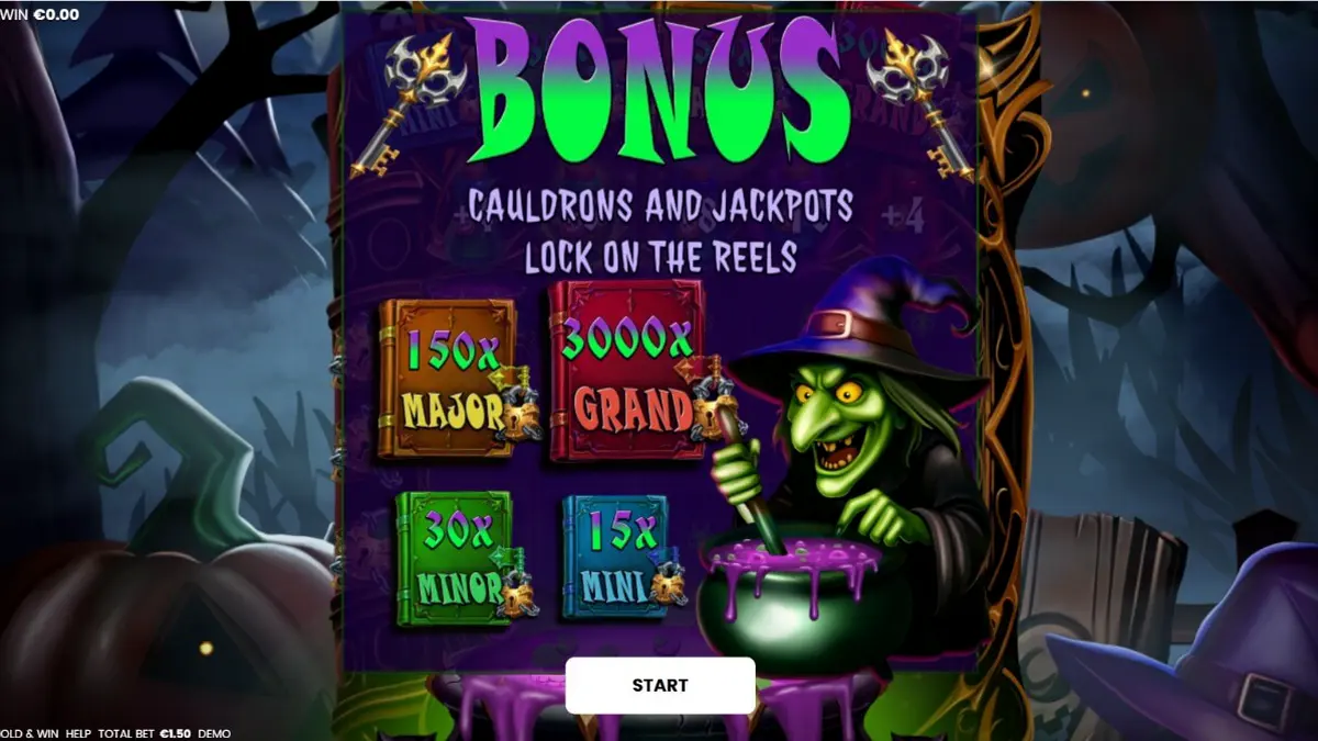 Tampilan visual slot Witches’ Fortune: Hold & Win dengan tema penyihir dan kuali ajaib.