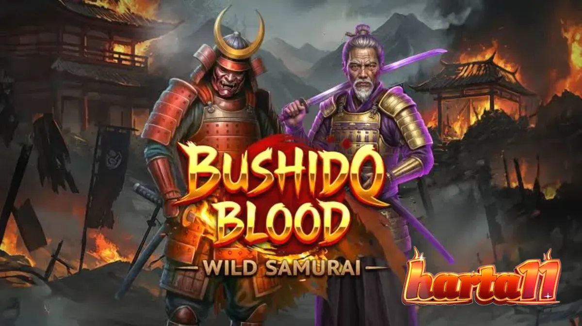Prajurit samurai berdiri di depan gulungan slot Bushido Blood yang penuh dengan simbol kuno dan suasana mencekam.